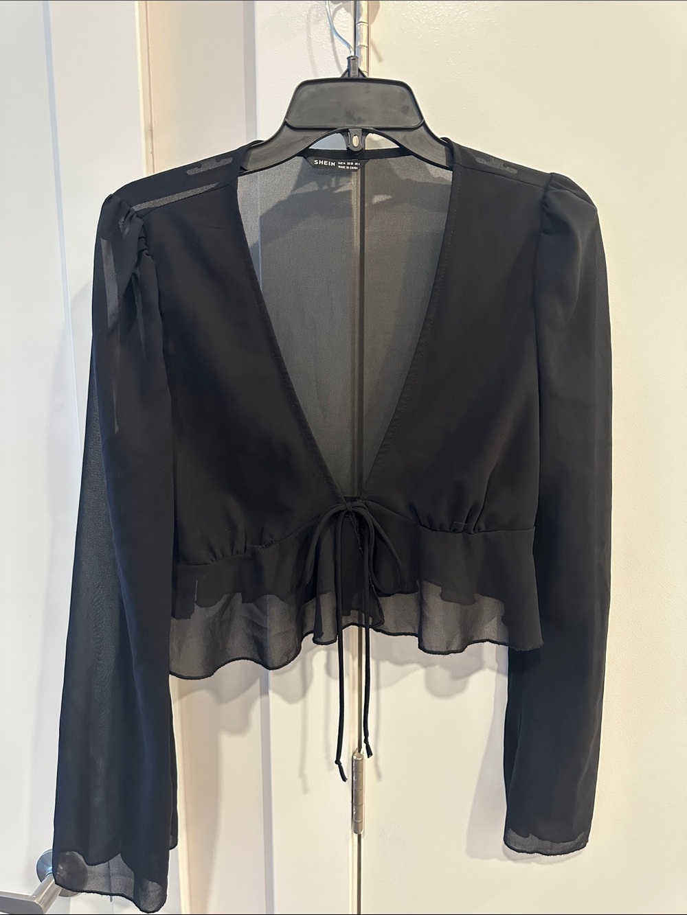 SHEIN Black Sheer Tie-Front Ruffled Hem Blouse